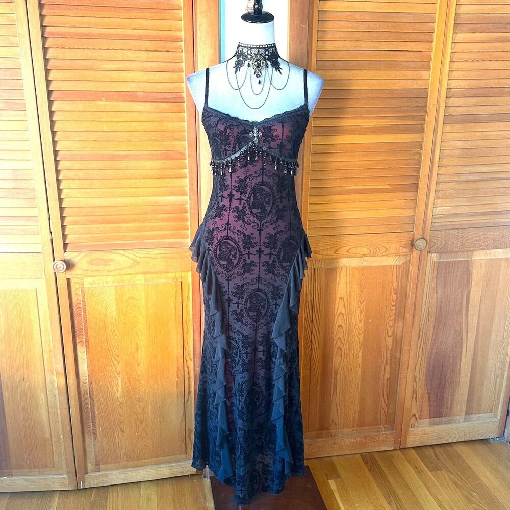 Gothic Victorian Vampire Everlasting Melancholy Cross Beads & Ruffles Dress M
